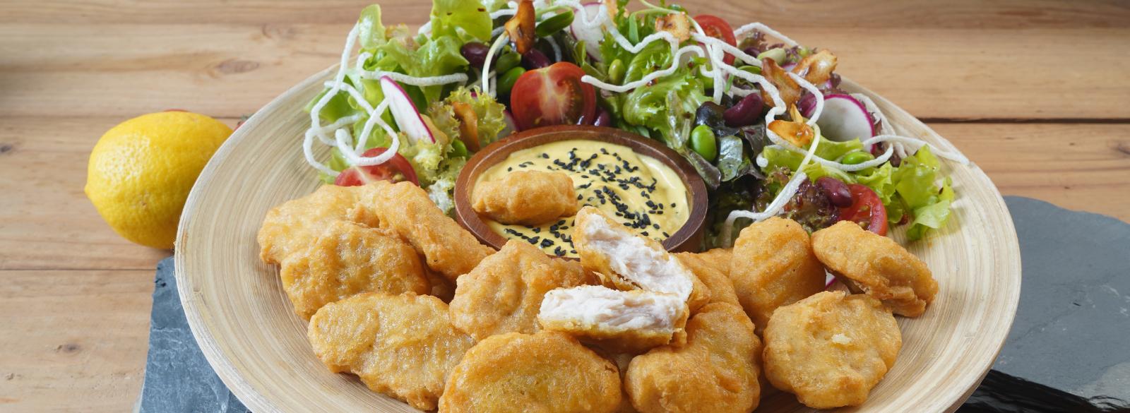 Chicken Nuggets with Asian Garden Salad and Black Sesame Miso Dip​