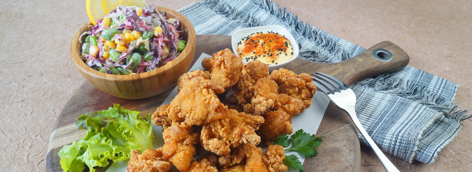 Chicken Karaage Served with Japanese Slaw and Togarashi Mayo Dip